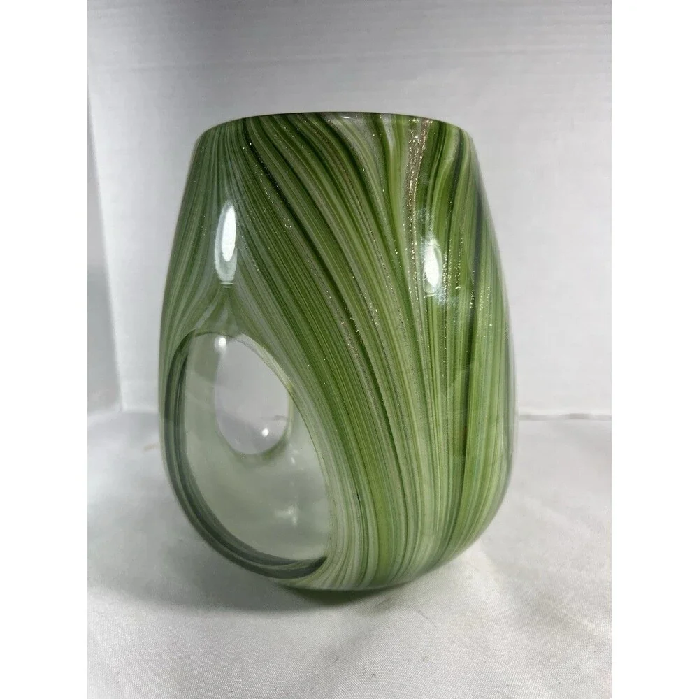 Hand Blown Art Glass Candle Holder Green White Swirl Gold Glitter 7” Tealight